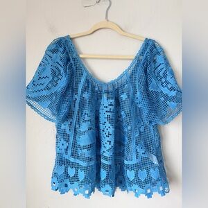 FARM RIO Blue Guipure Lace Top
